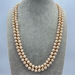Vintage Double Strand 24” Long Champagne Pearl Necklace Floral Crystal Box Clasp
